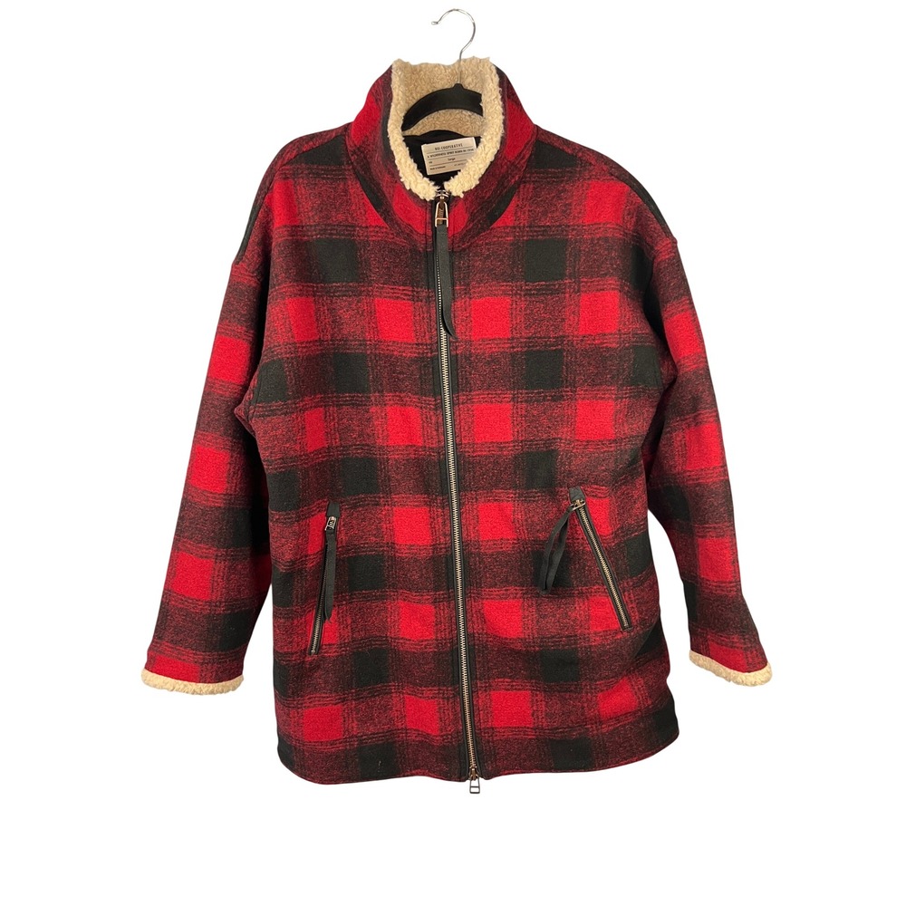 REI Co-op Norseland Wool Blend Red Plaid Funnel Neck Coat L Winter Warm Lodge
